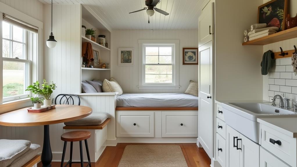 A small, cozy cottage kitchen with built-in seating and storage.