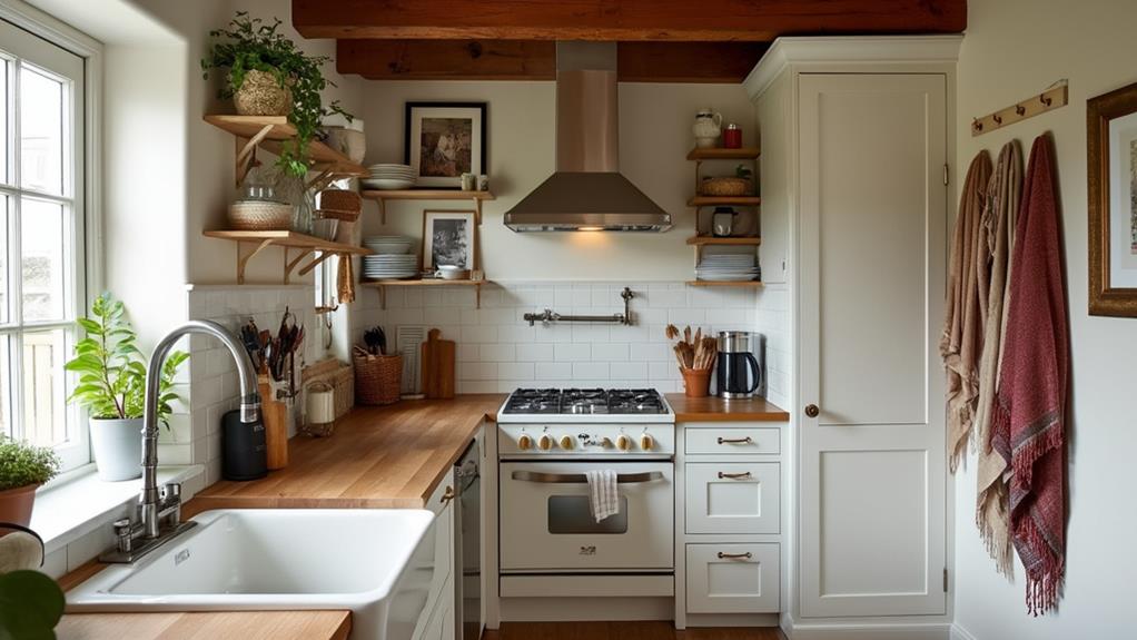 A cozy cottage kitchen with wooden shelves and a vintage-inspired stove.