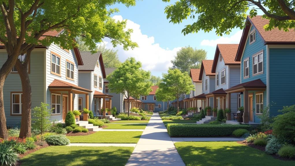 A row of colorful houses with front porches and manicured lawns in a pocket neighborhood.