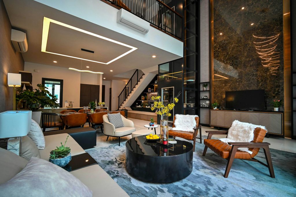 Modern living room with high ceilings.